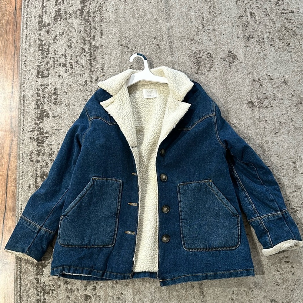 Zara girls kids long denim blue jacket size 11-12.